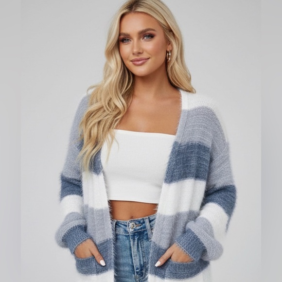 Blue Drop Shoulder Open Front Fluffy Knit Cardigan - Picture 3 of 9